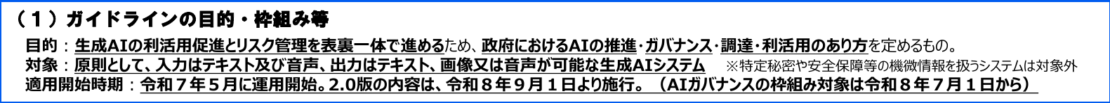 元のPDF2ページ目。目的と、適用開始時期として令和7年5月の運用開始、令和8年9月1日の施行、令和8年7月1日のAIガバナンス枠組み対象が記載されている