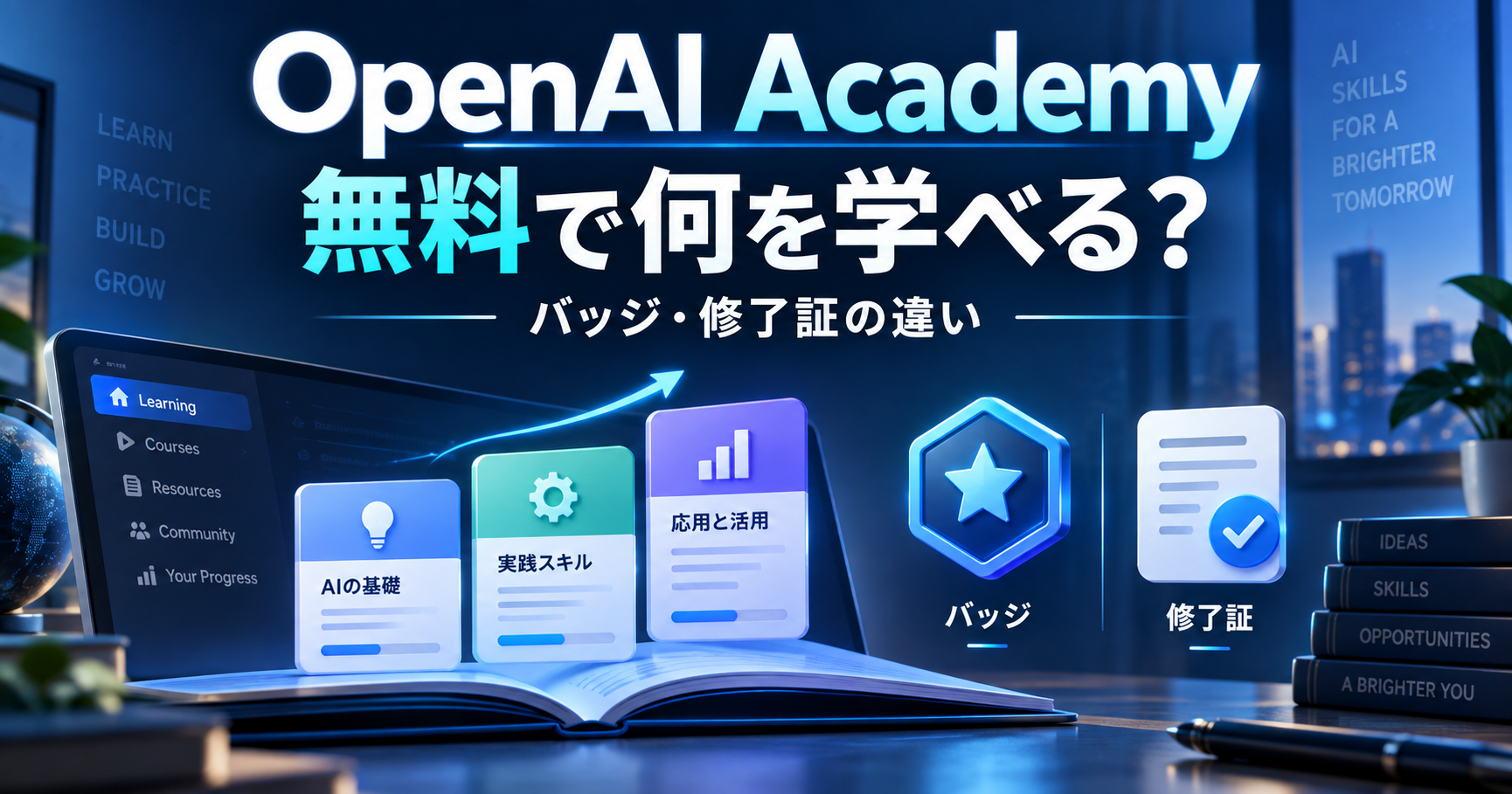OpenAI Academyで無料で学べることと、バッジ・修了証の違いを示すイメージ