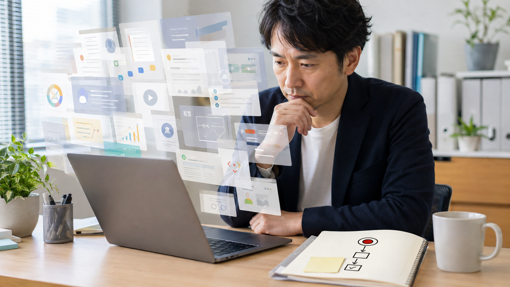 生成AIについて多くの情報が並び、学ぶ順番を決めかねている会社員