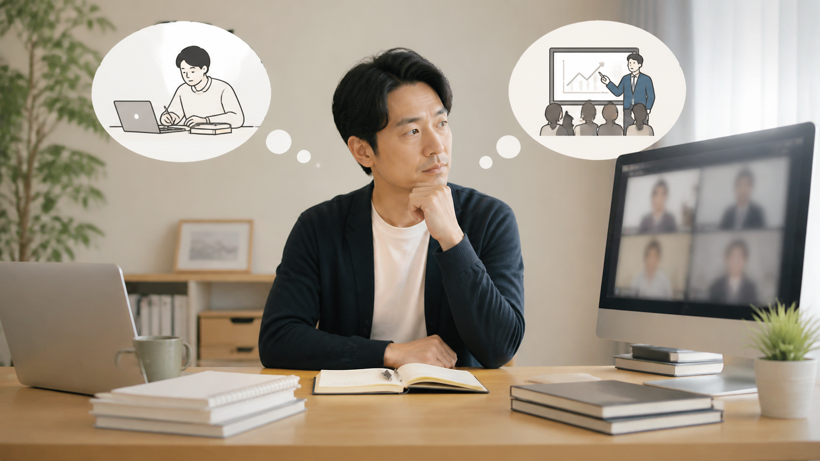 生成AIを独学で学ぶか、オンライン講座で学ぶかを考える会社員