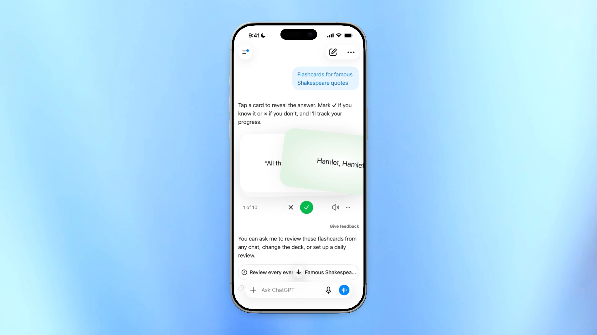 スマートフォン版ChatGPTでフラッシュカードを表示し、×とチェックで復習結果を付ける公式デモ画面